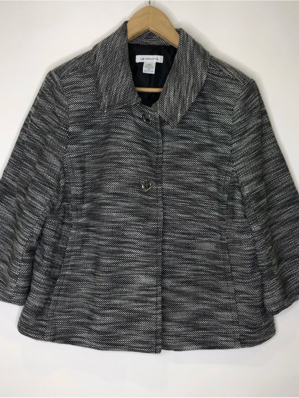 Liz Claiborne Black And White Tweed Blazer Jacket 3/4 Sleeves Toggle Buttons XL